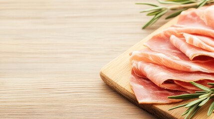 Thinly sliced prosciutto ham with fresh rosemary sprigs on a wooden board. Rustic gourmet food concept.