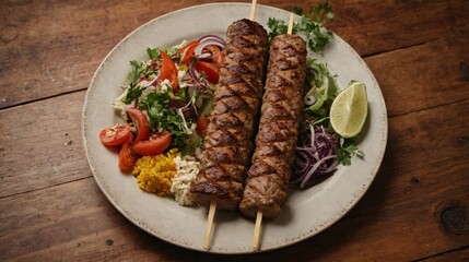 A Indian Kebab in the plate on a mahogany wood table.