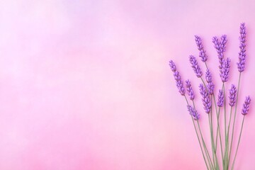Fototapeta premium Lavender flowers arranged on pink pastel background with copy space for text. Minimalist and elegant floral composition. Design for banner, greeting card, and marketing material.