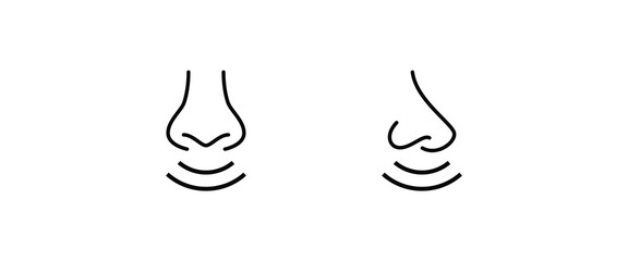 breathing nose, Smell, odour scent human nose with nostrils Smelling line and flat icons set, editable stroke isolated on white, linear vector outline illustration, symbol logo design
