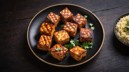 A high resolution image of a Paneer Tikka in the black Matt plate on a wood table.