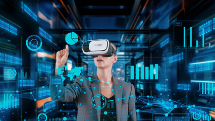 Businesswoman selecting dynamic market database scatter graph analysis monitor by VR future global innovation interface digital infographic network technology visual hologram animation. Contraption.