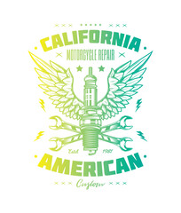 Retro poster. Spark plug and wrenches against the background of wings. Original vector illustration in vintage style. T-shirt design.