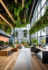 Fototapeta premium innovative dynamic workspace concepts featuring nature inspired elements enhanced creativity productivity, design, office, decor, plants, furniture