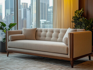 Fototapeta premium vintage tuxedo sofa in a cozy upscale apartment. The sofa, featuring a beige linen upholstery and dark walnut frame