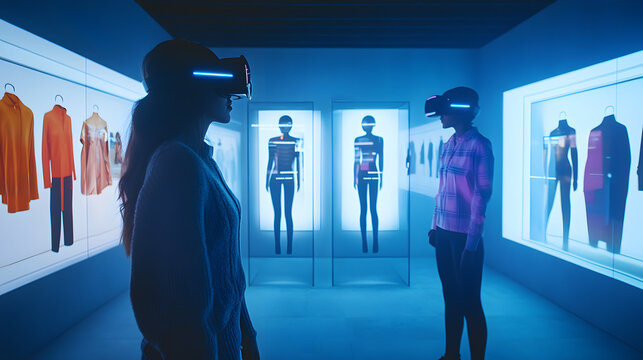 Two individuals wearing VR headsets in a high-tech virtual fitting room, digitally trying on stylish outfits through augmented reality screens