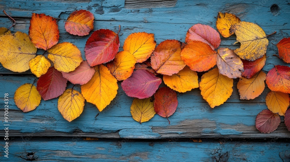 Sticker Autumn Leaves on a Weathered Blue Wooden Surface