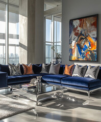 Elegant contemporary sectional sofa in a sunlit open-plan living area, deep blue velvet upholstery