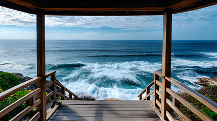 A majestic ocean view from a cliffside gazebo with waves crashing below and the vast sea stretching out to the horizon.