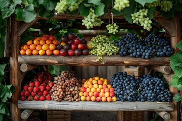 Colorful display of fresh fruits at a market stand surrounded by lush greenery on a sunny day