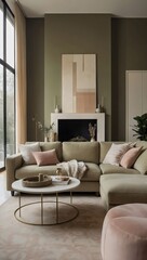 Interior design decoration, modern living room, comfortable sofa and cozy carpet. Generative AI.