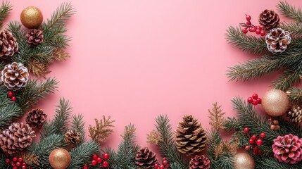 Merry Christmas banner design. New Year flat lay pink background concept with empty space. Holiday ornament arrangement. Luxury Noel and Xmas festive layout.