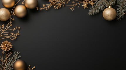 Merry Christmas banner design. New Year flat lay black background concept with empty space. Holiday ornament arrangement. Luxury Noel and Xmas festive layout.