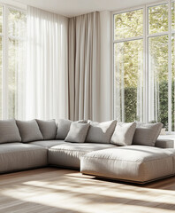 Modern sectional sofa in a sleek, minimalist living room, soft grey fabric with clean lines
