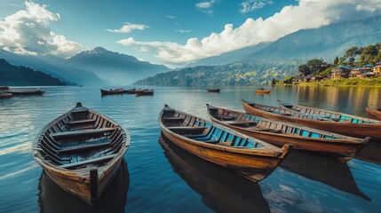 The wooden boats of Fewa Lake in Pokhara are a popular tourist attraction, offering rides across the picturesque lake while serving as a means of transporting goods. 