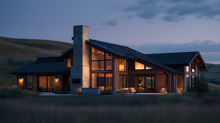 Fototapeta premium A modern countryside home with large wooden beams and stone accents surrounded by rolling hills.