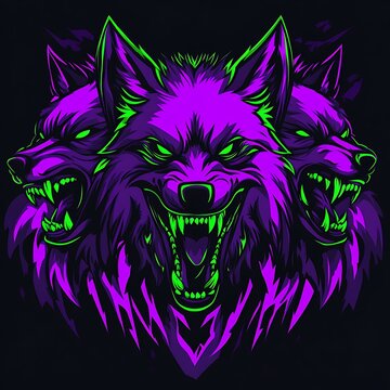 Three headed wolf with glowing green eyes and purple fur. Dark background, scary and menacing