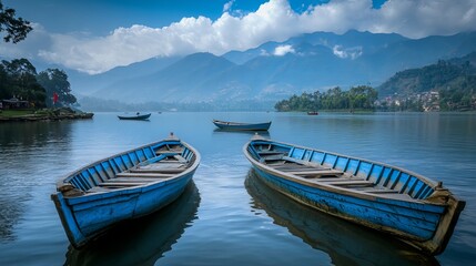 The wooden boats of Fewa Lake in Pokhara are a popular tourist attraction, offering rides across the picturesque lake while serving as a means of transporting goods. 