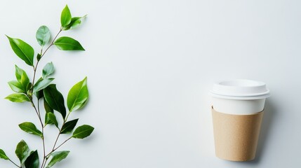 Reusable eco coffee or tea cup with plant on white background. Sustainable lifestyle. Eco friendly and Zero waste. Flat lay banner copy space