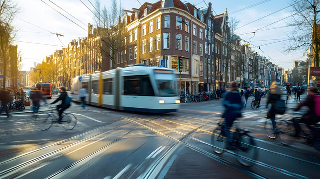 A bustling urban intersection with pedestrian priority featuring electric trams and bikes.