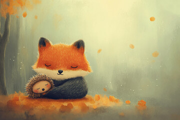 Naklejka premium A peaceful illustration of a fox cuddling with a hedgehog, evoking themes of friendship and warmth in a serene autumn setting.