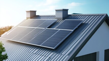 Obraz premium Solar panels seamlessly adorn a metal roof, promoting sustainable energy and resource conservation. This image embodies eco-friendly practices.