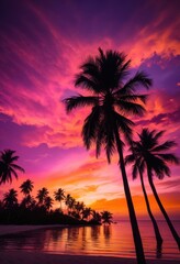 vibrant palm silhouettes framed stunning sunset backdrop showcasing warm hues purple, orange, pink, sky, clouds, landscape, evening, light, shadow, tree