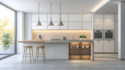 A modern kitchen island with bar stools and pendant lighting.