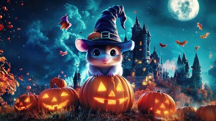 Fototapeta premium Cute mouse in witch hat with jack-o'-lanterns in front of a spooky castle.