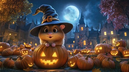Cute hamster in a witch hat with pumpkins.