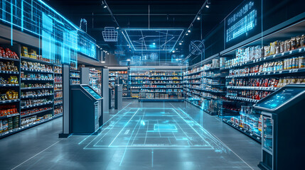 A modern retail store featuring self-checkout machines, weight sensors, and holographic IoT displays, utilizing advanced 5G technology for seamless shopping