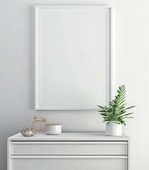 Minimalist interior with white frame mockup, chest of drawers, home decor and green plant in a pot. .