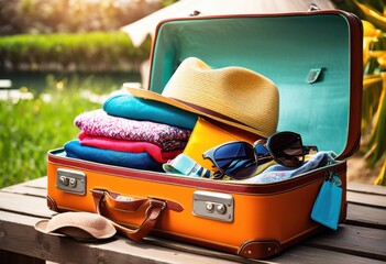 colorful suitcase overflowing essential travel items including accessories ready adventure, luggage, bag, backpack, packing, journey, vacation, trip