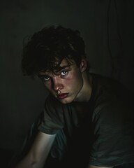 Fototapeta premium a young man sitting alone in a darkened room with a worried expression