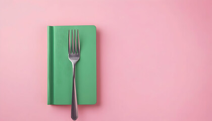 Minimal abstract composition made of fork holding a green book on isolated pastel pink background with copy space. Note card for book fair, promotions or education. Concept of reading or learning.   