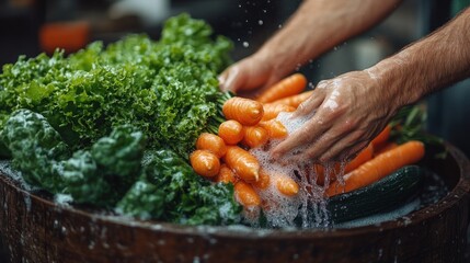 Hands Washing Carrots, Lettuce, and Zucchini in Wooden Bowl