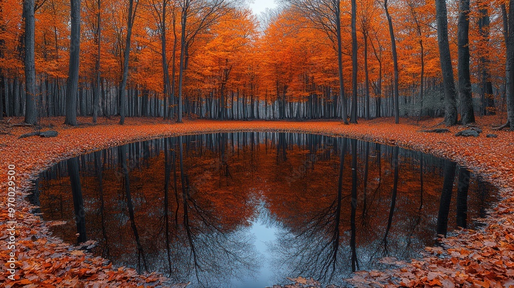 Wall mural A Still Pond Reflecting Autumn Trees in a Forest