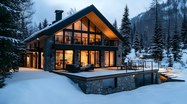 A modern mountain chalet with large glass walls a stone fireplace and a wooden deck set in a snowy landscape.