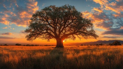 Fototapeta premium Solitary Tree Silhouette Against a Sunset Sky Over a Grassy Field