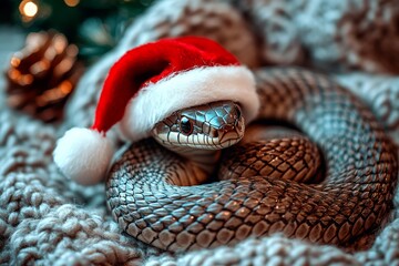 Fototapeta premium Snake Wearing a Santa Hat. Funny pet in a cozy christmas setting. Happy new year mood.,