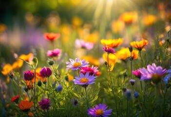 Fototapeta premium vibrant close ups blooming wildflowers showcasing colorful petals lush greenery splendor, nature, display, botanical, floral, beauty, vibrancy, garden