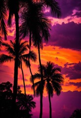 silhouette palm tree framed colorful sunset rich hues purple sky, outline, orange, pink, tropical, scenery, landscape, light, shadow, beauty, exotic, horizon