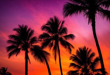 Fototapeta premium stunning palm silhouette framed vibrant sunset sky rich colors dramatic lighting, backdrop, beauty, landscape, tree, orange, pink, yellow, clouds, nature