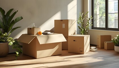 Sustainable shipping with recycled cardboard boxes in a 3D style, featuring wide-angle perspectives...