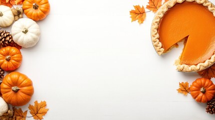 Pumpkin pie with autumn leaves and walnuts on a rustic wooden background, creating a cozy, warm fall atmosphere for seasonal celebrations.