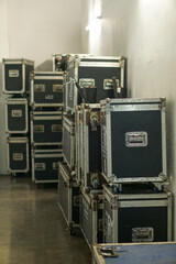 Naklejka premium Image of Case boxes for musical equipment. Professional stage equipment is packed in special boxes