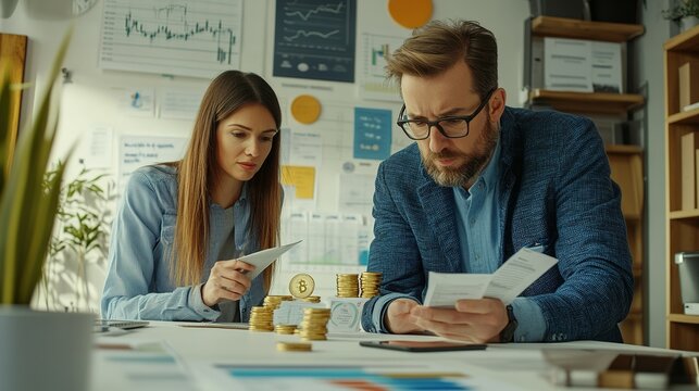 Business Partners Analyzing Financial Documents and Bitcoin Stacks