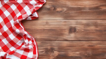 Checkered red and white tablecloth spread on a rustic wooden table. Ideal for country kitchen or picnic concepts.