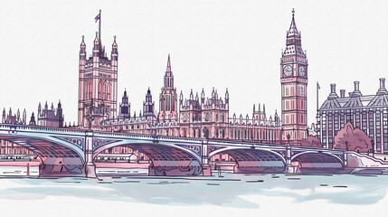 panorama view of london city bridge uk big ben traffic landmark united kingdom png white background 2d digital painting illustration tourism landmark