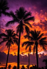 vibrant palm silhouettes framed stunning sunset backdrop rich orange purple hues, sky, clouds, light, colors, nature, evening, tropical, landscape, outdoor